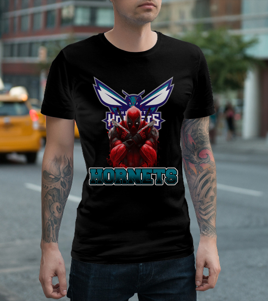 Charlotte Hornets Deadpool Crossover Fan Art Displaying Iconic Marvel Antihero With NBA Team T-Shirt