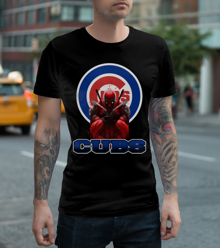Deadpool with Crossed Swords Over Chicago Cubs Logo CUBS Text T-Shirt