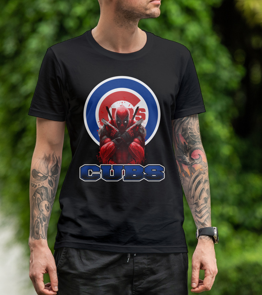 Deadpool With Crossed Swords Over Chicago Cubs Logo CUBS Text T-Shirt
