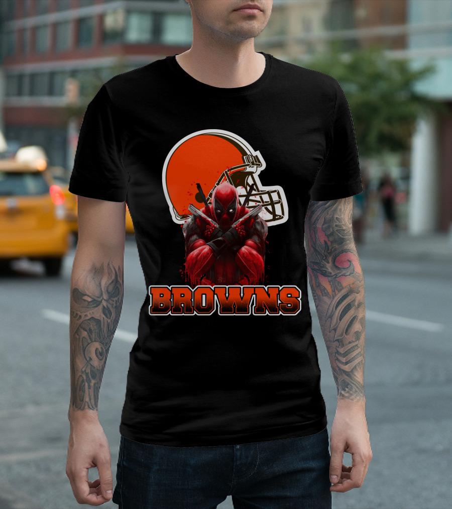 Cleveland Browns and Deadpool Crossover with Iconic Helmet and Character T-Shirt