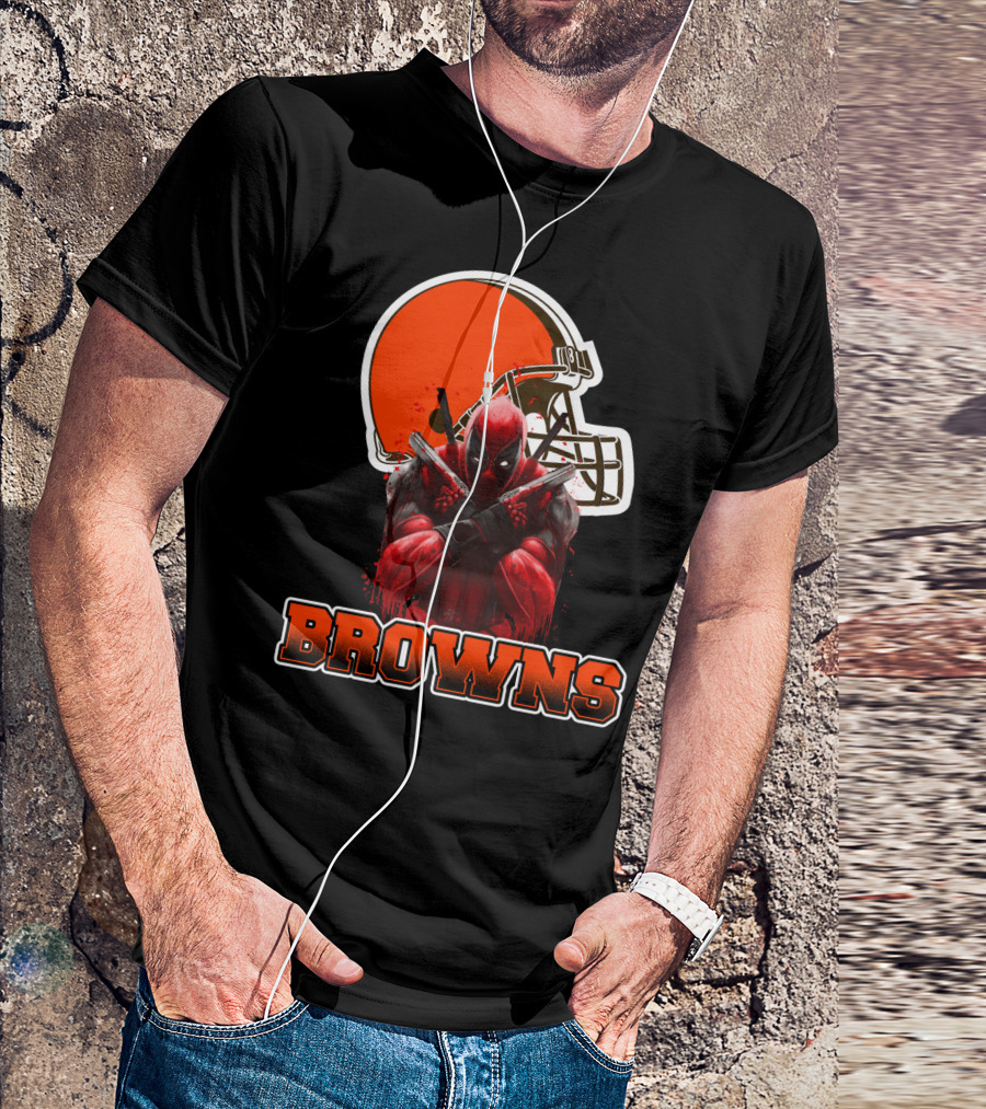 Cleveland Browns And Deadpool Crossover With Iconic Helmet And Character T-Shirt
