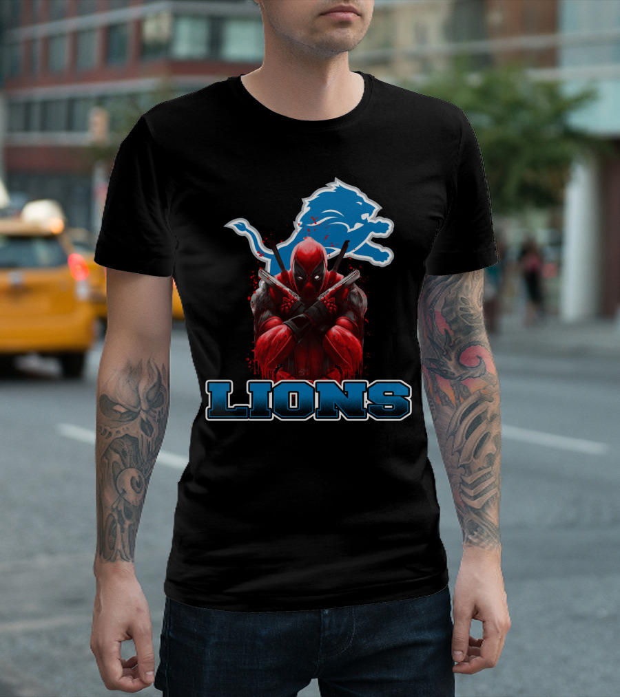 Detroit Lions Deadpool Crossover Fans Blue Lion T-Shirt