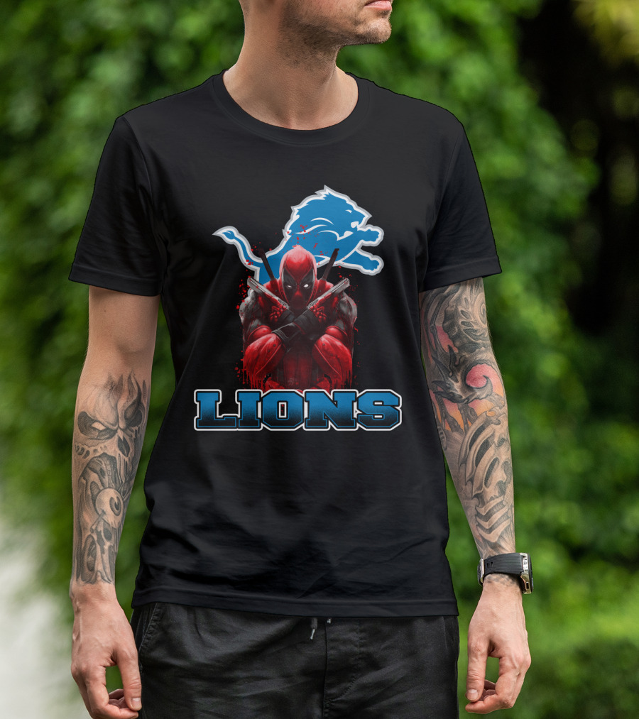 Detroit Lions Deadpool Crossover Fans Blue Lion T-Shirt