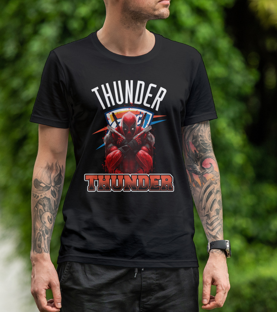 Thunder Crossover With Iconic Marvel Character On Oklahoma City Background T-Shirt
