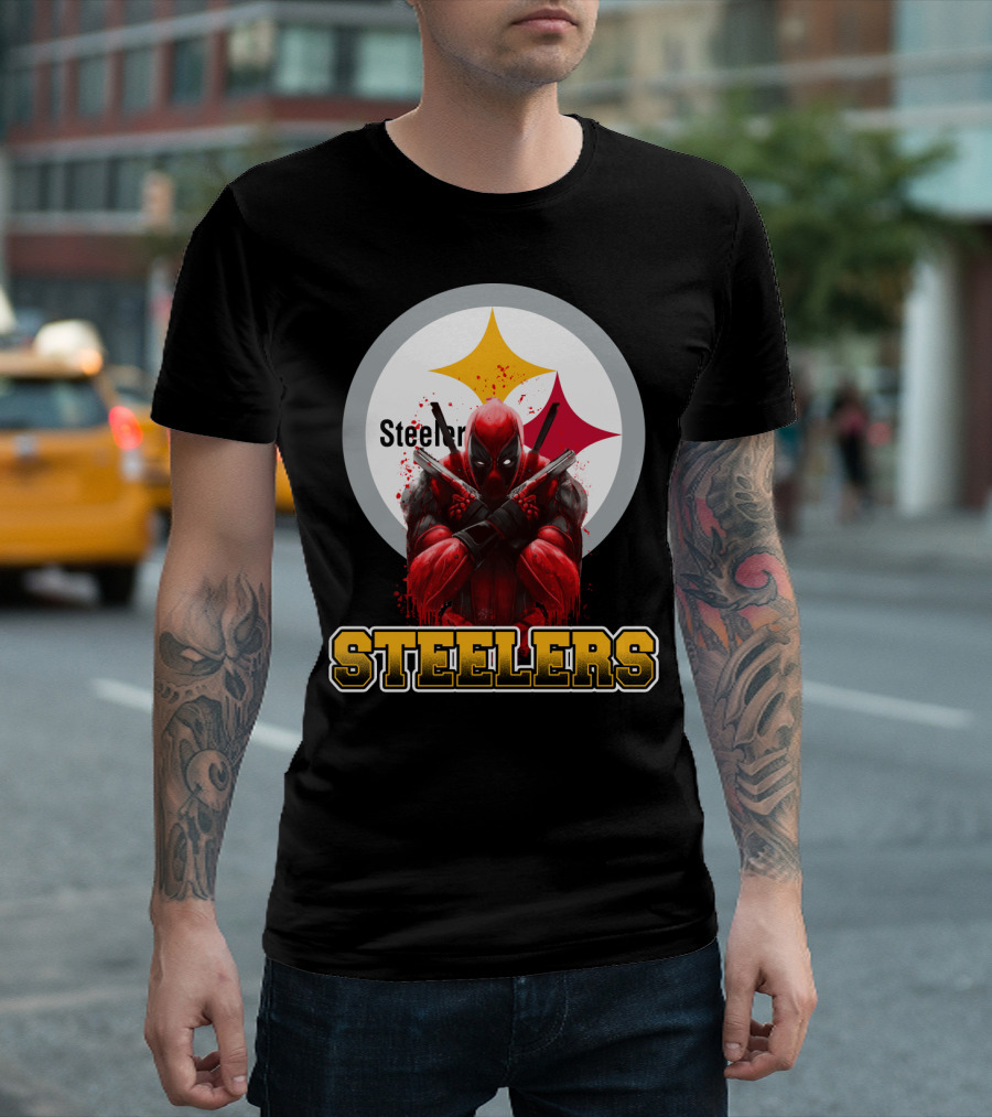 Steelers Deadpool Crossover with Pittsburgh Steelers Logo and Character Pose T-Shirt