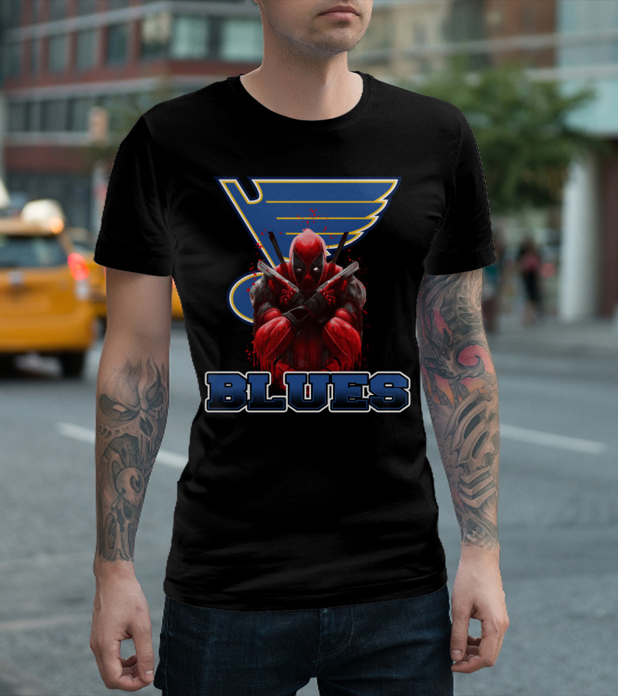 St. Louis Blues and Deadpool Crossover Fan Art with Iconic Blue and Yellow Hockey T-Shirt
