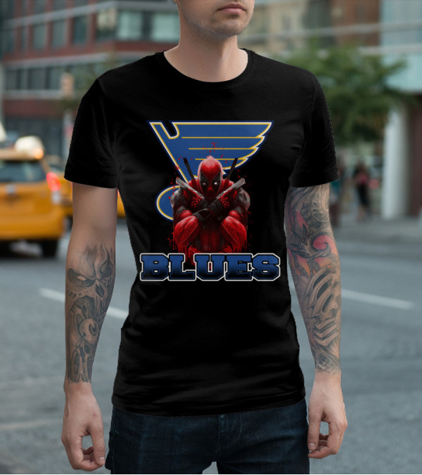 St. Louis Blues And Deadpool Crossover Fan Art With Iconic Blue And Yellow Hockey T-Shirt