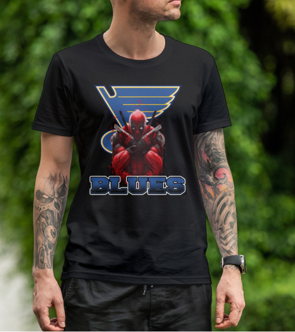 St. Louis Blues And Deadpool Crossover Fan Art With Iconic Blue And Yellow Hockey T-Shirt