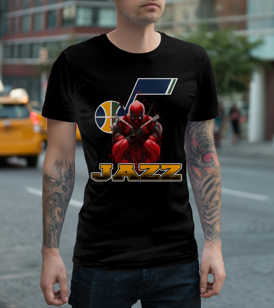 Utah Jazz NBA Logo with Deadpool Character Crossover for Fans T-Shirt