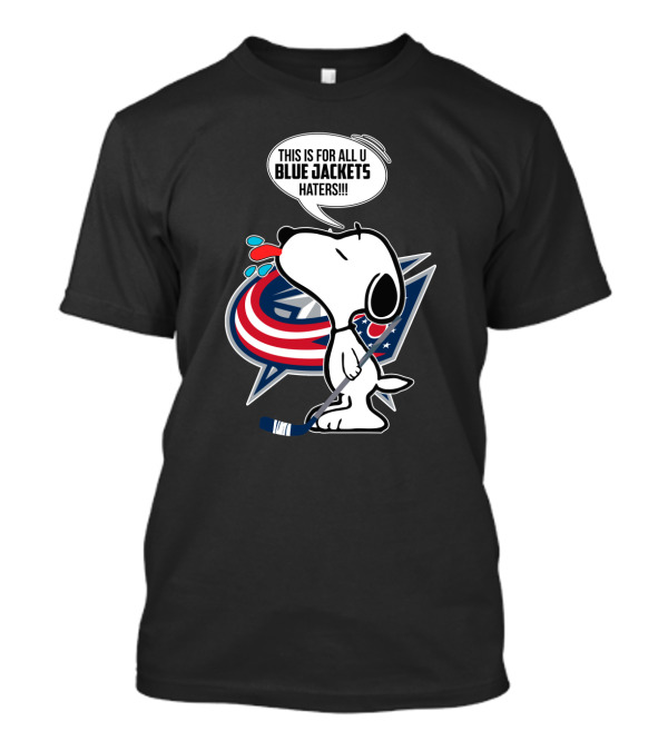 Snoopy With Columbus Blue Jackets Logo And Hockey Stick - Blue Jackets Haters Phrase T-Shirt
