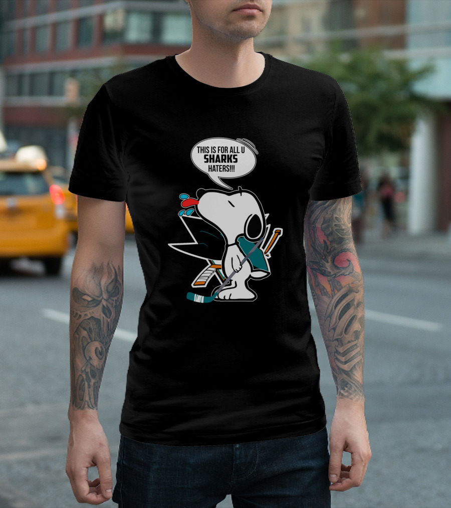 Snoopy Hockey Fan Defends San Jose Sharks Haters with Hockey Stick and Speech Bubble T-Shirt