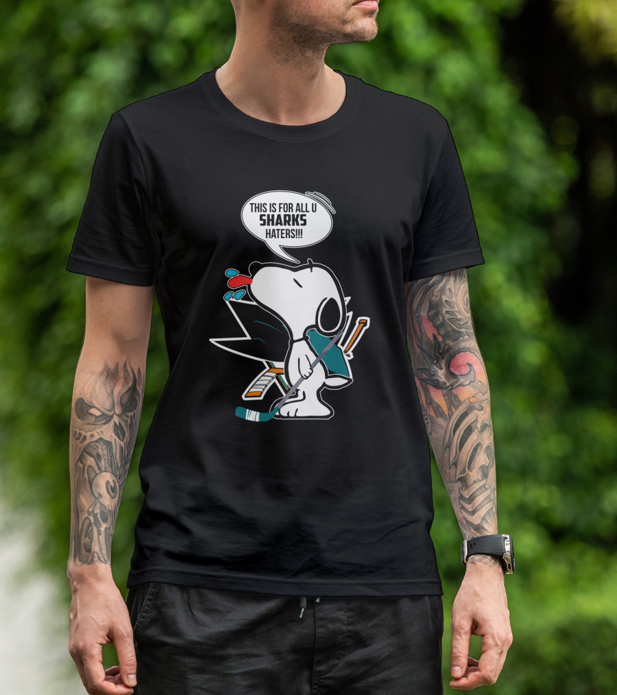 Snoopy Hockey Fan Defends San Jose Sharks Haters With Hockey Stick And Speech Bubble T-Shirt