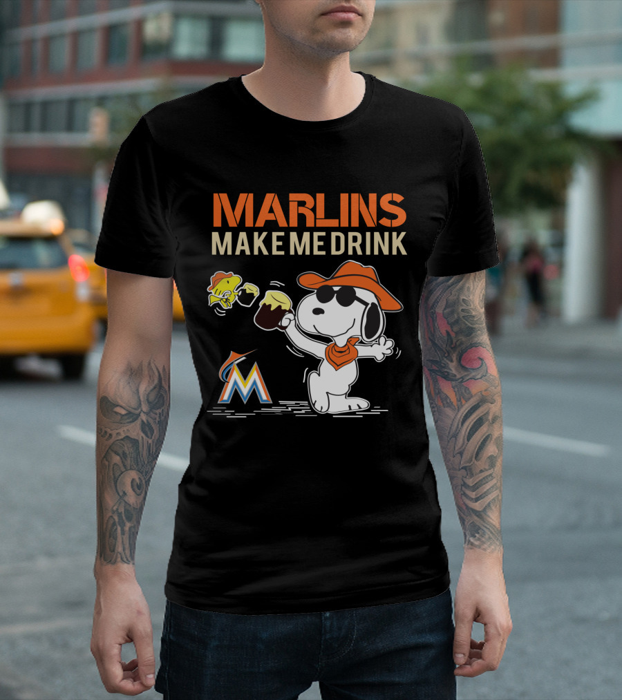 Marlins Make Me Drink Snoopy With Miami Marlins Logo And Beer Toast T-Shirt