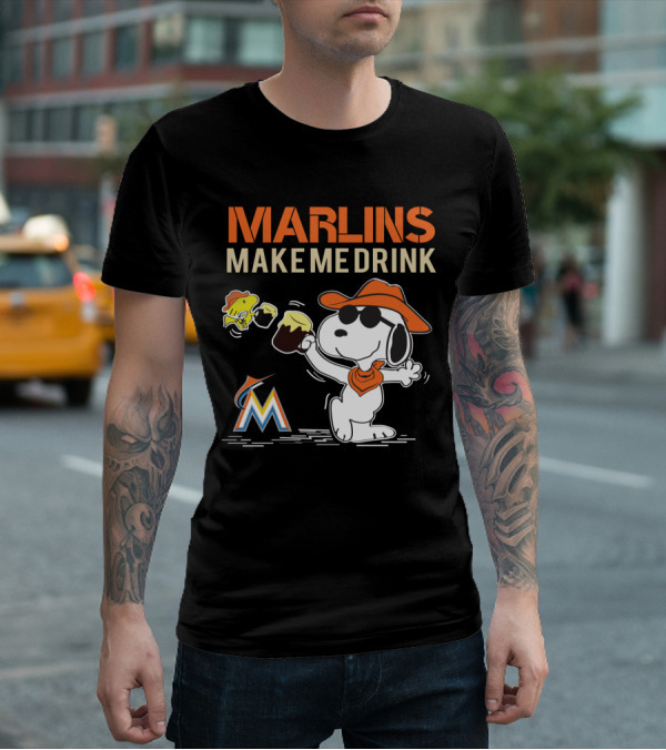 Marlins Make Me Drink Snoopy With Miami Marlins Logo And Beer Toast T-Shirt