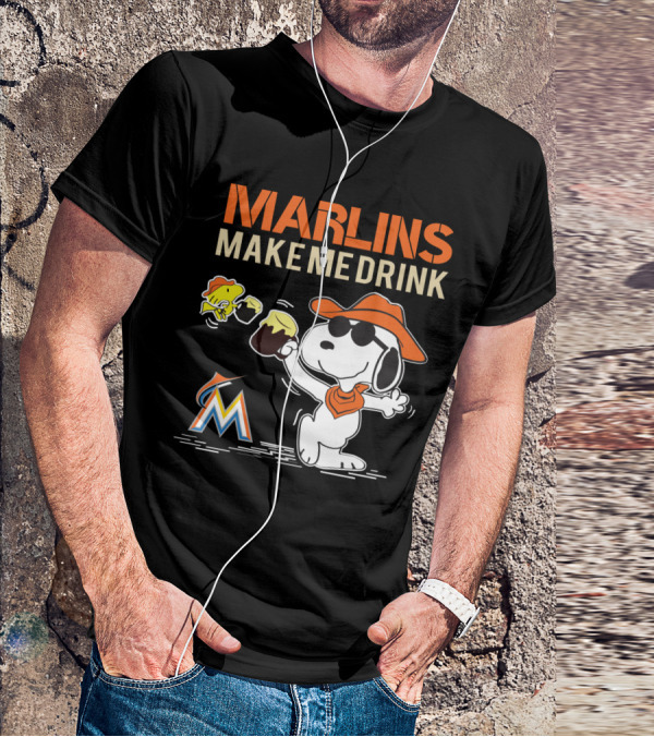 Marlins Make Me Drink Snoopy With Miami Marlins Logo And Beer Toast T-Shirt