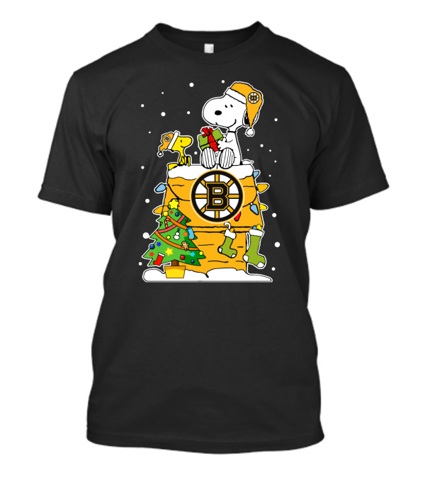 Boston Bruins Christmas Snoopy And Woodstock With Hockey T-Shirt