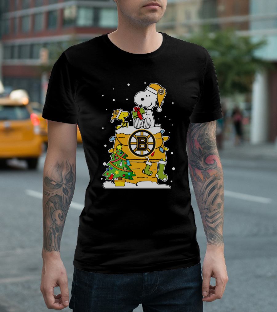 Boston Bruins Christmas Snoopy And Woodstock With Hockey T-Shirt