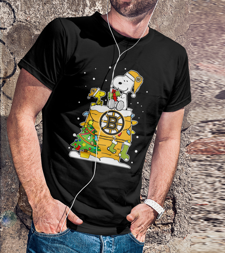 Boston Bruins Christmas Snoopy And Woodstock With Hockey T-Shirt