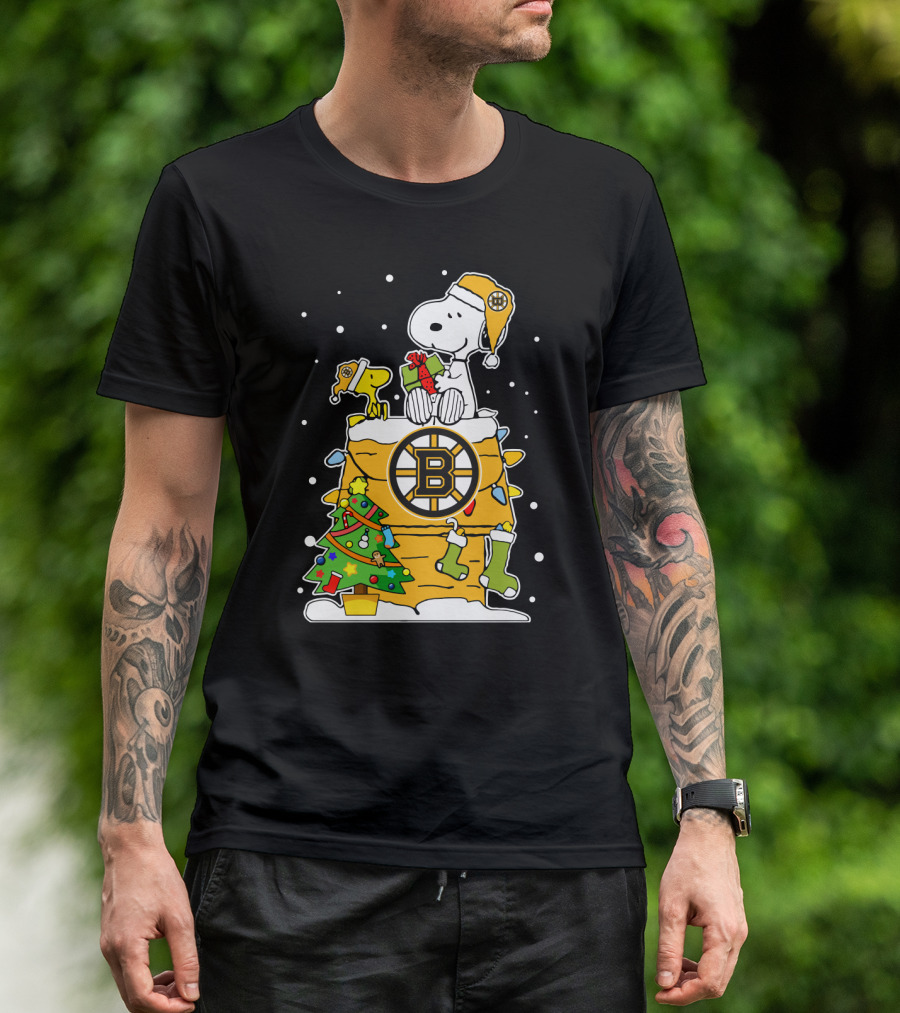 Boston Bruins Christmas Snoopy And Woodstock With Hockey T-Shirt