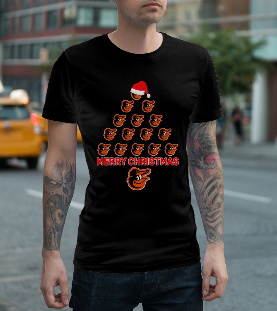 Merry Christmas Baltimore Orioles Tree With Team Logo And Santa Hat T-Shirt