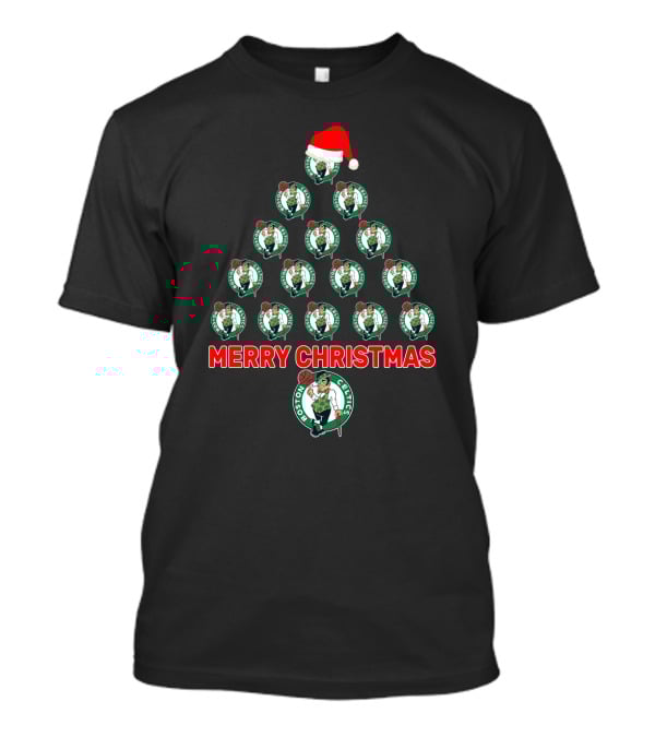 Merry Christmas Boston Celtics Santa Hat Tree T-Shirt