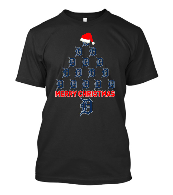 Merry Christmas Detroit Tigers Holiday Tree Design With Santa Hat T-Shirt