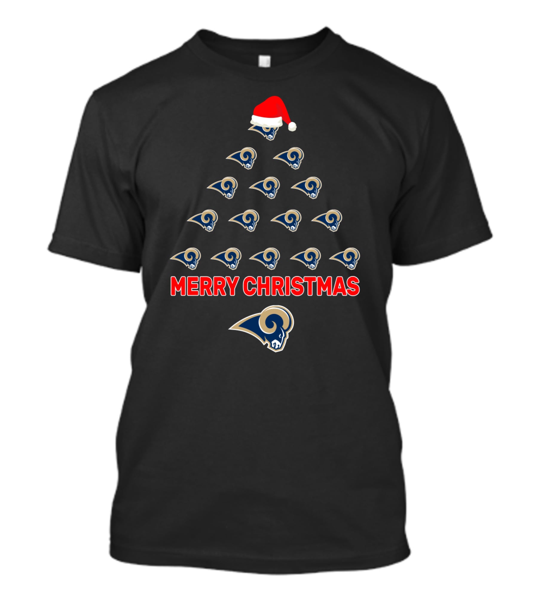 Merry Christmas Los Angeles Rams Tree With Santa Hat For Fans T-Shirt