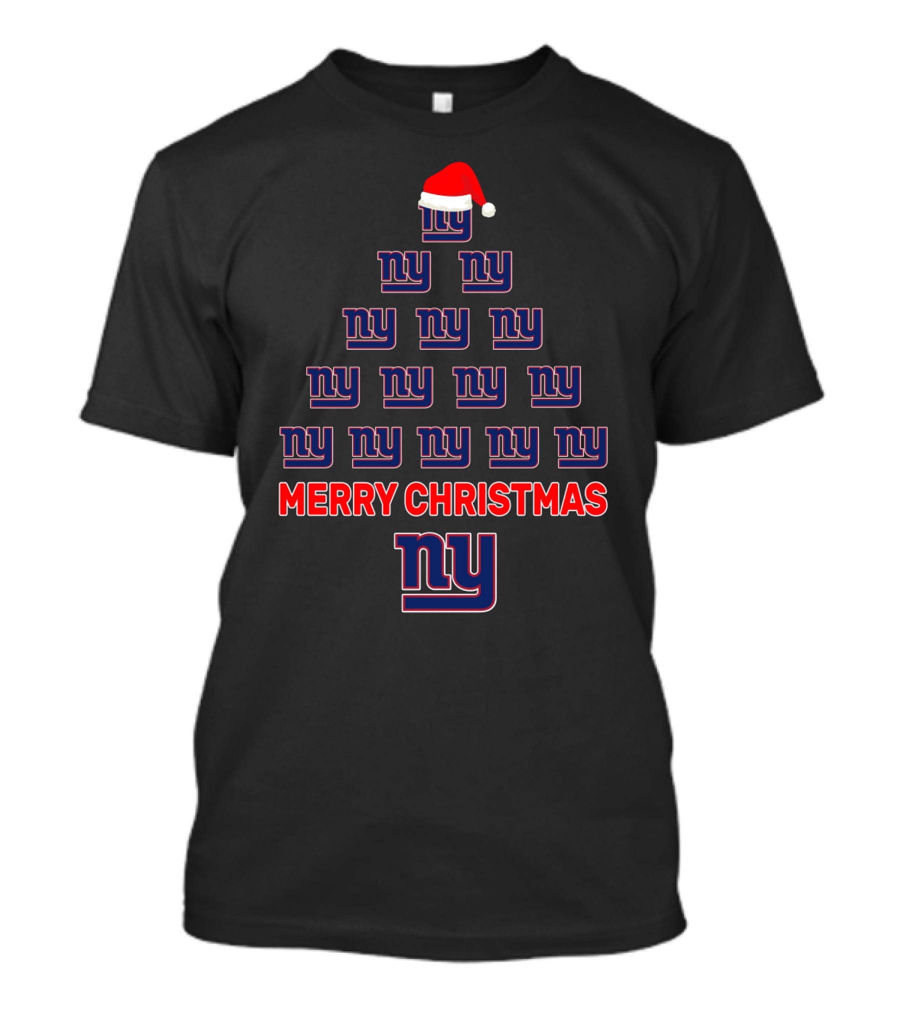 Ny Giants Merry Christmas Tree With Logos And Santa Hat T-Shirt