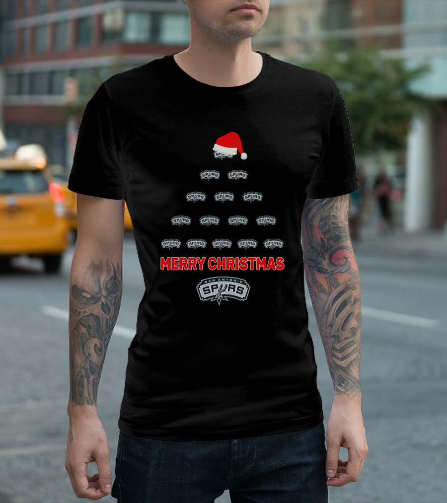 Merry Christmas San Antonio Spurs Tree With Santa Hat T-Shirt