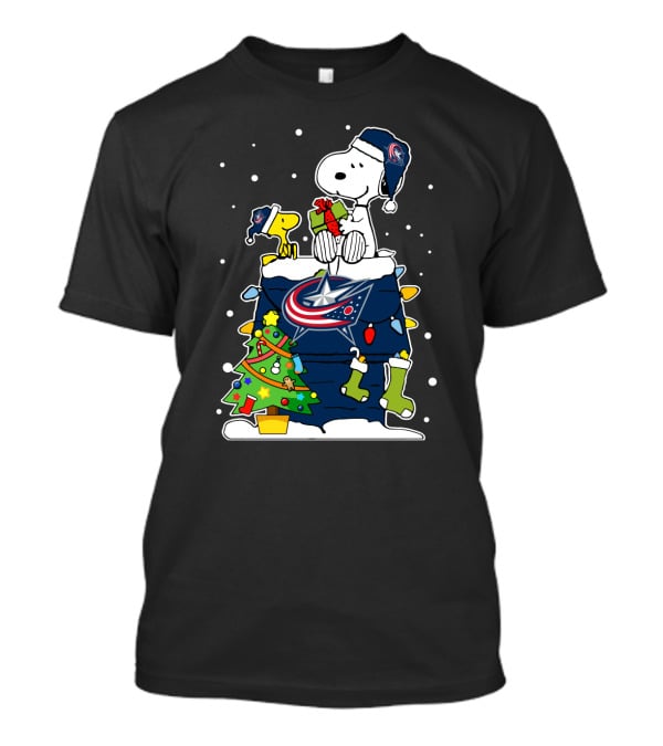 Columbus Blue Jackets Christmas Snoopy And Woodstock Fans Hockey T-Shirt