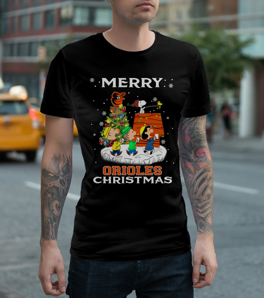 Merry Orioles Christmas Featuring Snoopy And Friends With Baltimore Logo And Festive Tree T-Shirt