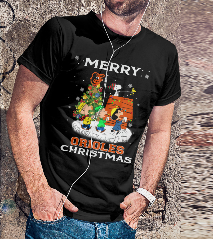 Merry Orioles Christmas Featuring Snoopy And Friends With Baltimore Logo And Festive Tree T-Shirt
