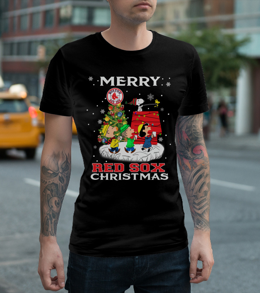 Merry Boston Red Sox Christmas Snoopy And Peanuts Characters Festive Holiday Scene T-Shirt