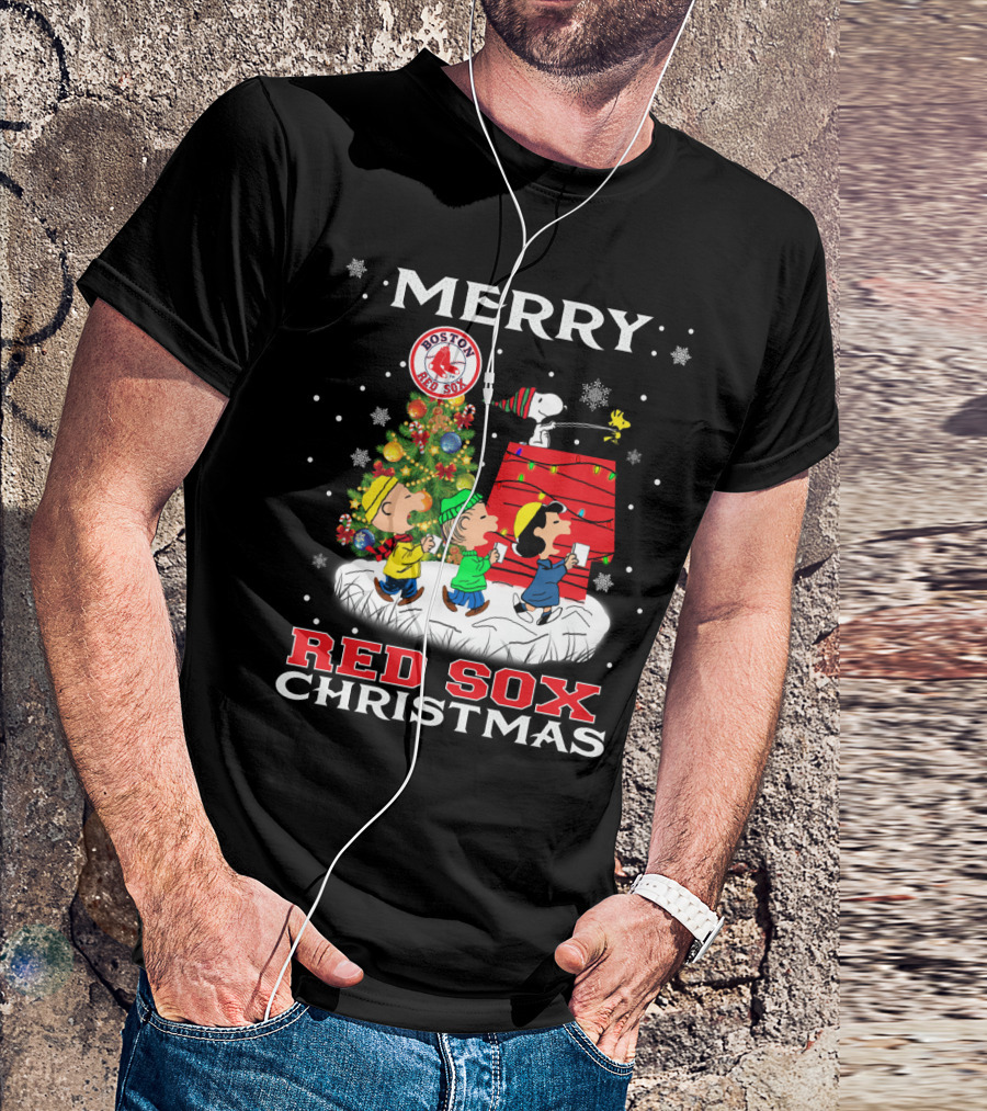 Merry Boston Red Sox Christmas Snoopy And Peanuts Characters Festive Holiday Scene T-Shirt