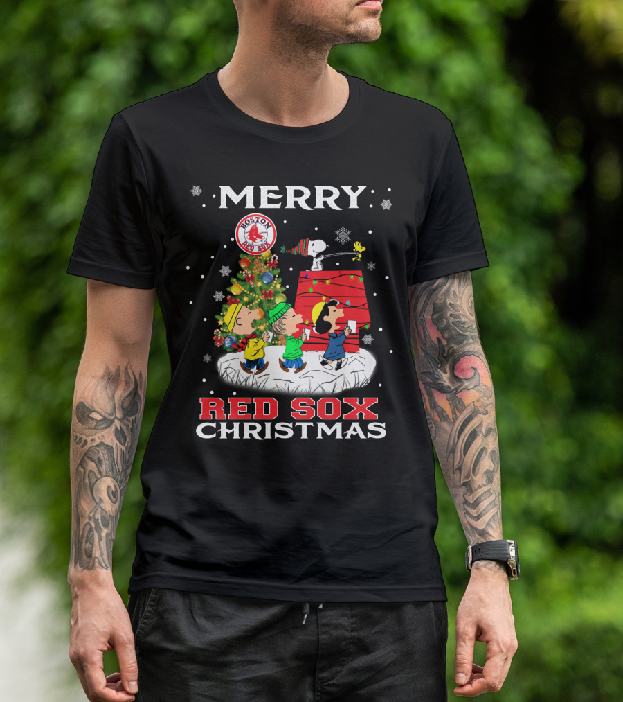 Merry Boston Red Sox Christmas Snoopy And Peanuts Characters Festive Holiday Scene T-Shirt