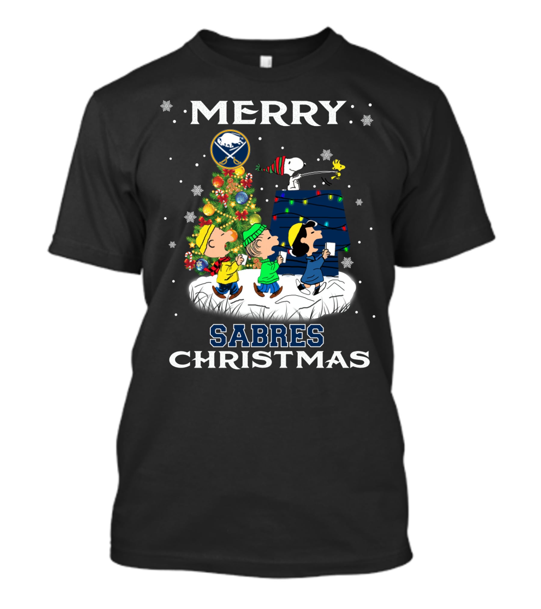 Merry Buffalo Sabres Christmas With Snoopy And Peanuts Characters T-Shirt