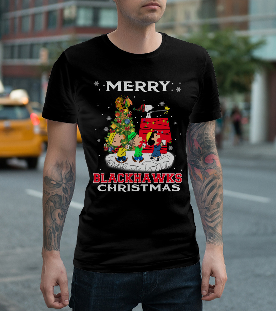 Merry Blackhawks Christmas Featuring Snoopy Woodstock And Friends With Chicago Blackhawks T-Shirt