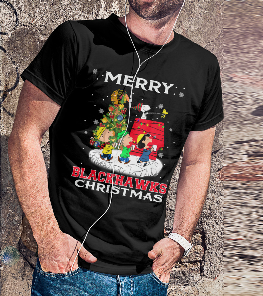 Merry Blackhawks Christmas Featuring Snoopy Woodstock And Friends With Chicago Blackhawks T-Shirt