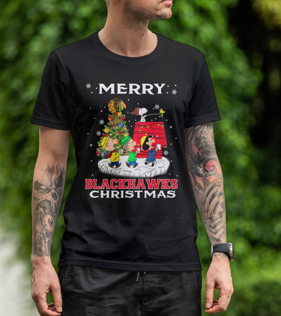 Merry Blackhawks Christmas Featuring Snoopy Woodstock And Friends With Chicago Blackhawks T-Shirt