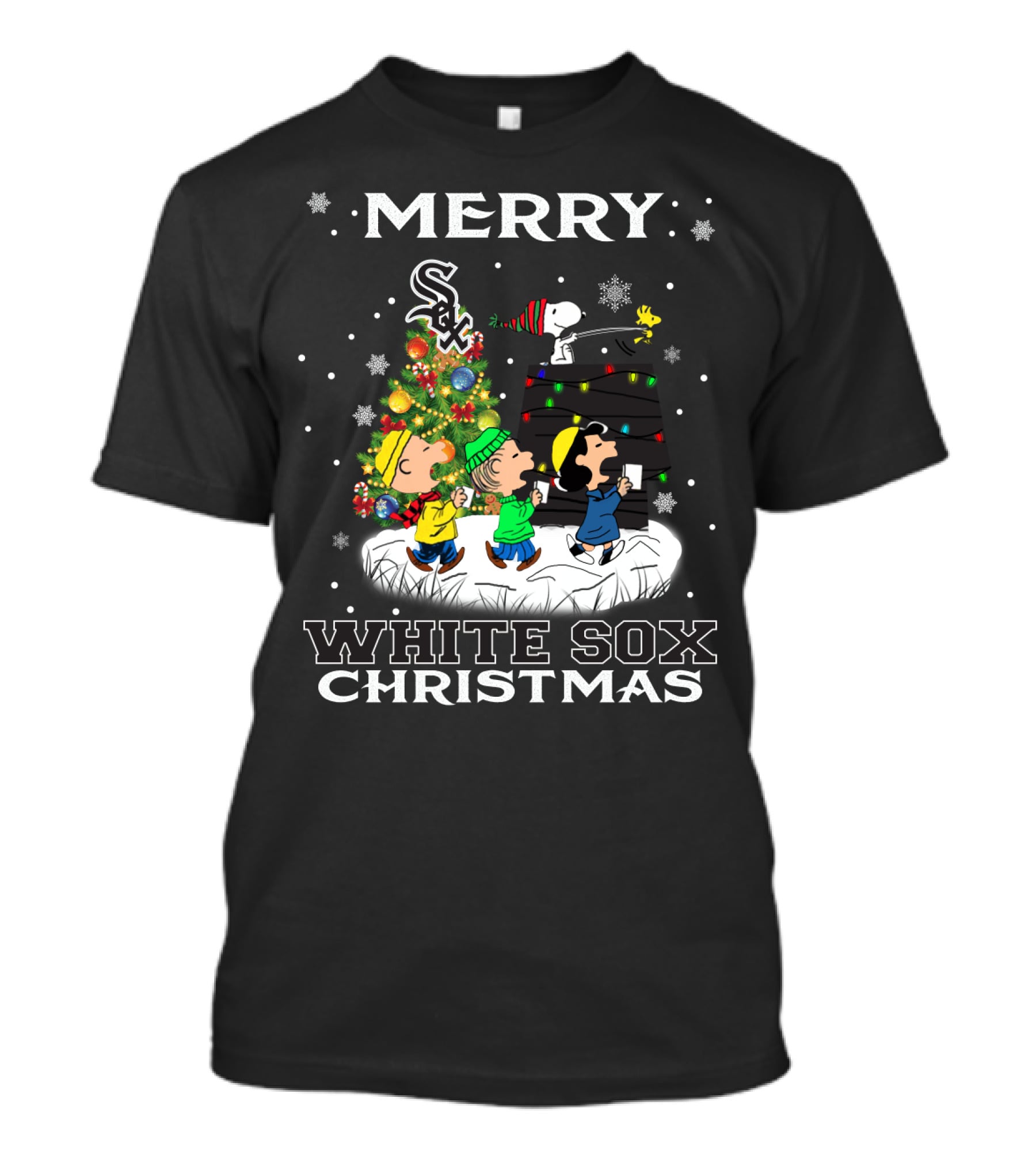 Merry Chicago White Sox Christmas Featuring Snoopy And Peanuts Characters T-Shirt