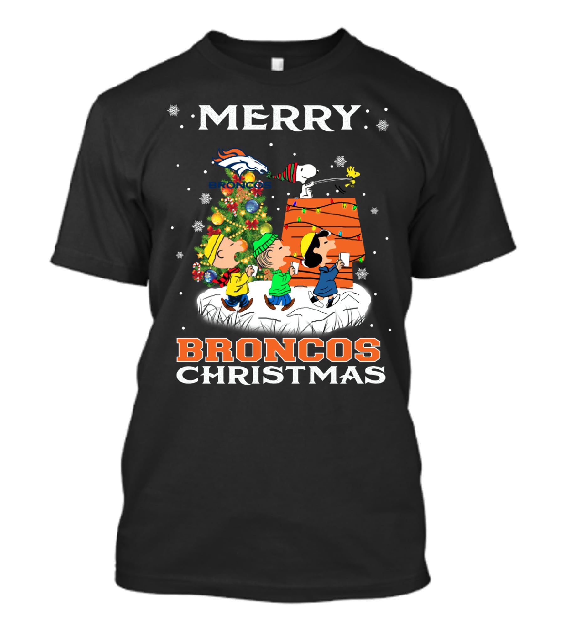 Merry Broncos Christmas For Snoopy Fans With Denver Broncos Logo And Peanuts Characters T-Shirt