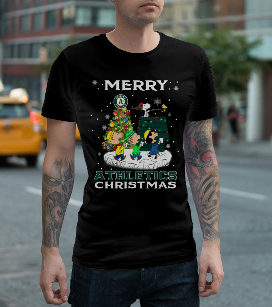 Merry Oakland Athletics Christmas with Snoopy and Friends T-Shirt