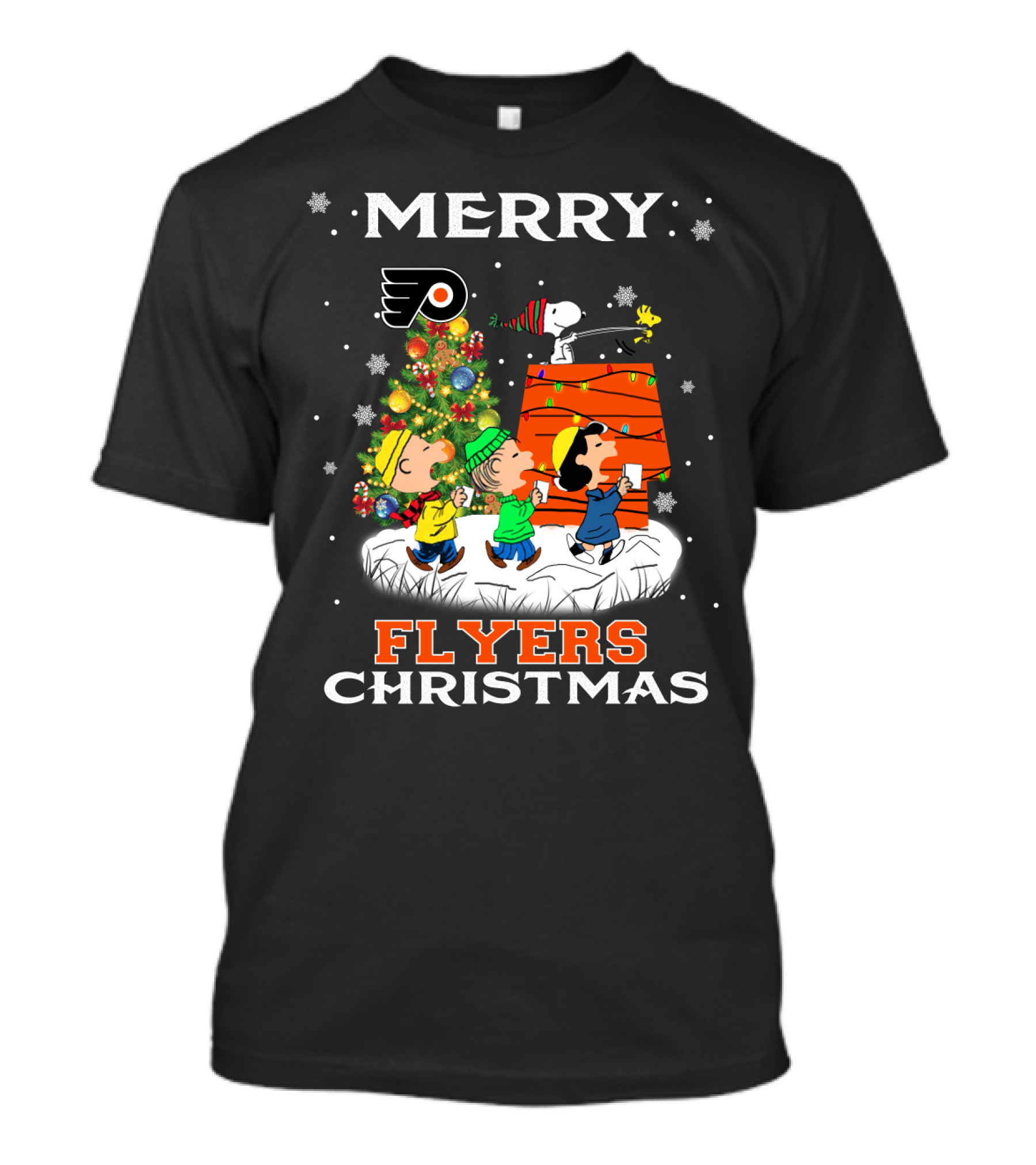 Merry Philadelphia Flyers Christmas Snoopy Peanuts Holiday Celebration Tree Woodstock T-Shirt