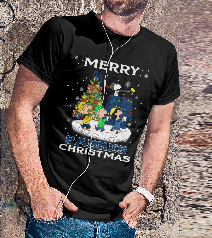 Merry San Diego Padres Christmas Featuring Snoopy And Peanuts Characters T-Shirt