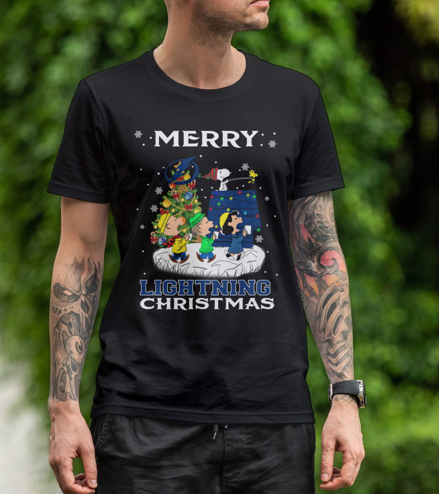 Merry Tampa Bay Lightning Christmas Snoopy And Friends With Holiday Tree T-Shirt