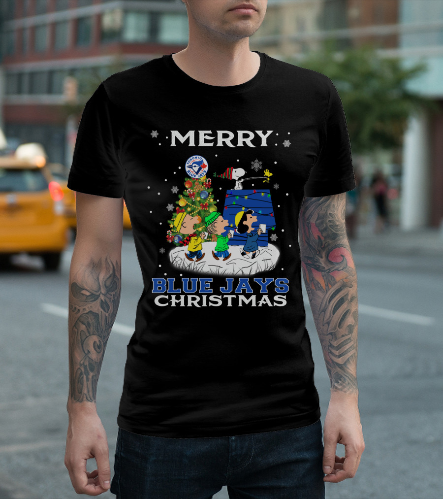 Merry Toronto Blue Jays Christmas Featuring Snoopy and Friends Holiday Scene T-Shirt