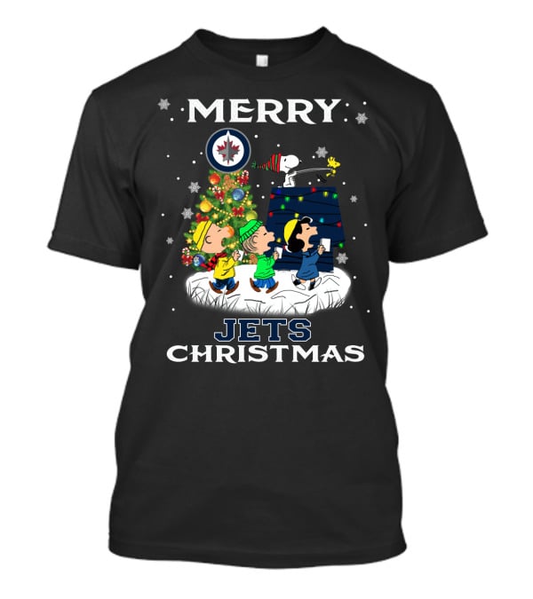 Merry Winnipeg Jets Christmas Featuring Snoopy And Peanuts Holiday Scene T-Shirt