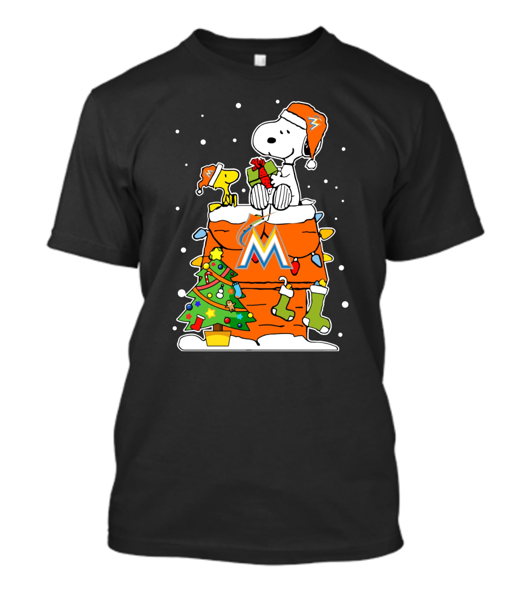 Miami Marlins Snoopy Christmas Holiday Scene With Gifts And Tree T-Shirt