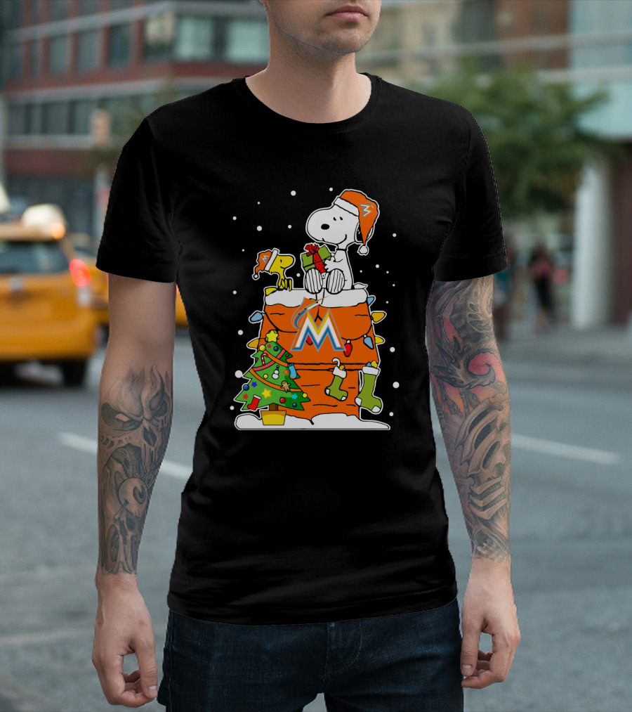 Miami Marlins Snoopy Christmas Holiday Scene with Gifts and Tree T-Shirt
