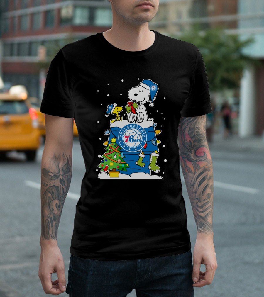 Philadelphia 76ers Snoopy Christmas Present With Tree And Woodstock T-Shirt